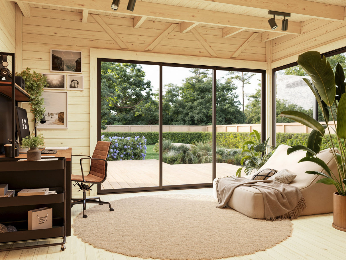 Andrea S+ (5,3x3 m | 15,2 m² | 44 mm) Kompakti moderni hirsimökki työkaluvajalla