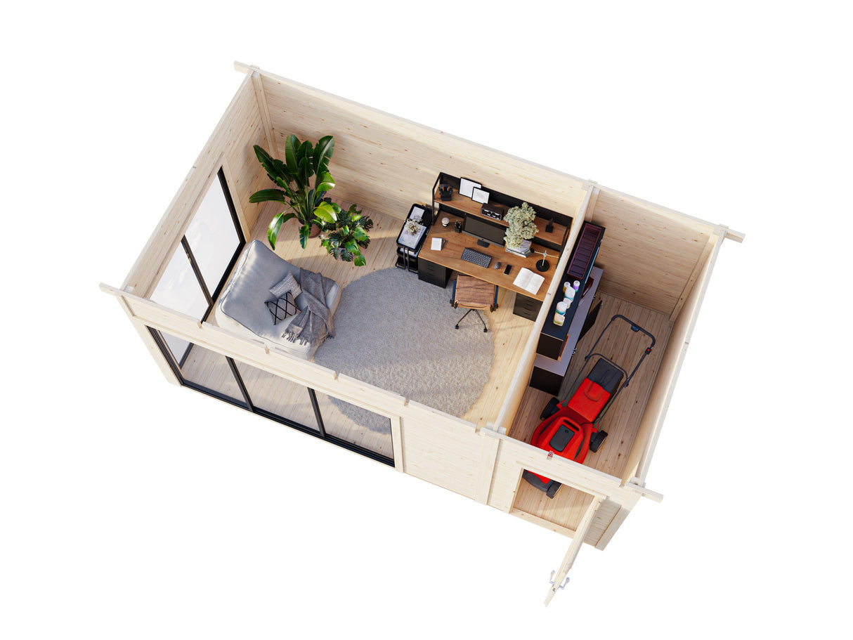 Andrea S+ (5,3x3 m | 15,2 m² | 44 mm) Kompakti moderni hirsimökki työkaluvajalla