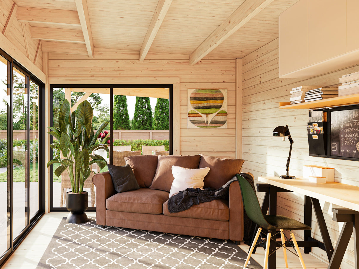 Andrea L+ (8,3x3 m | 15,2 + 7,9 m² | 44 mm) Pihamökki liukuovella, katoksella ja sivuvajalla