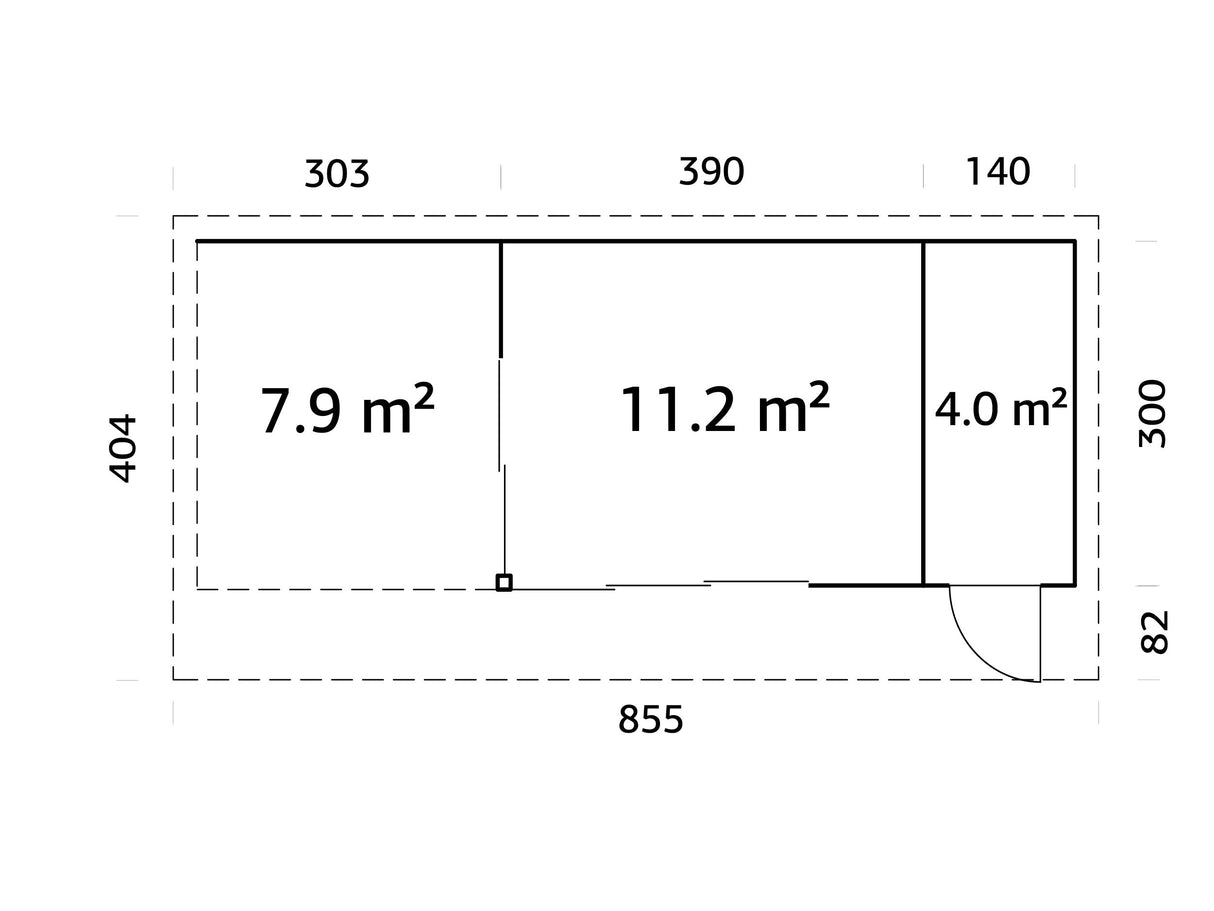 Andrea L+ (8,3x3 m | 15,2 + 7,9 m² | 44 mm) Pihamökki liukuovella, katoksella ja sivuvajalla