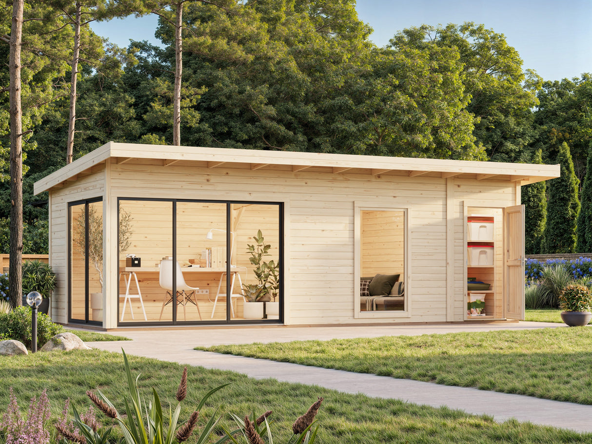 Andrea M+ (7,4x3 m | 21,1 m² | 44 mm) Moderni hirsimökki sivuvajalla