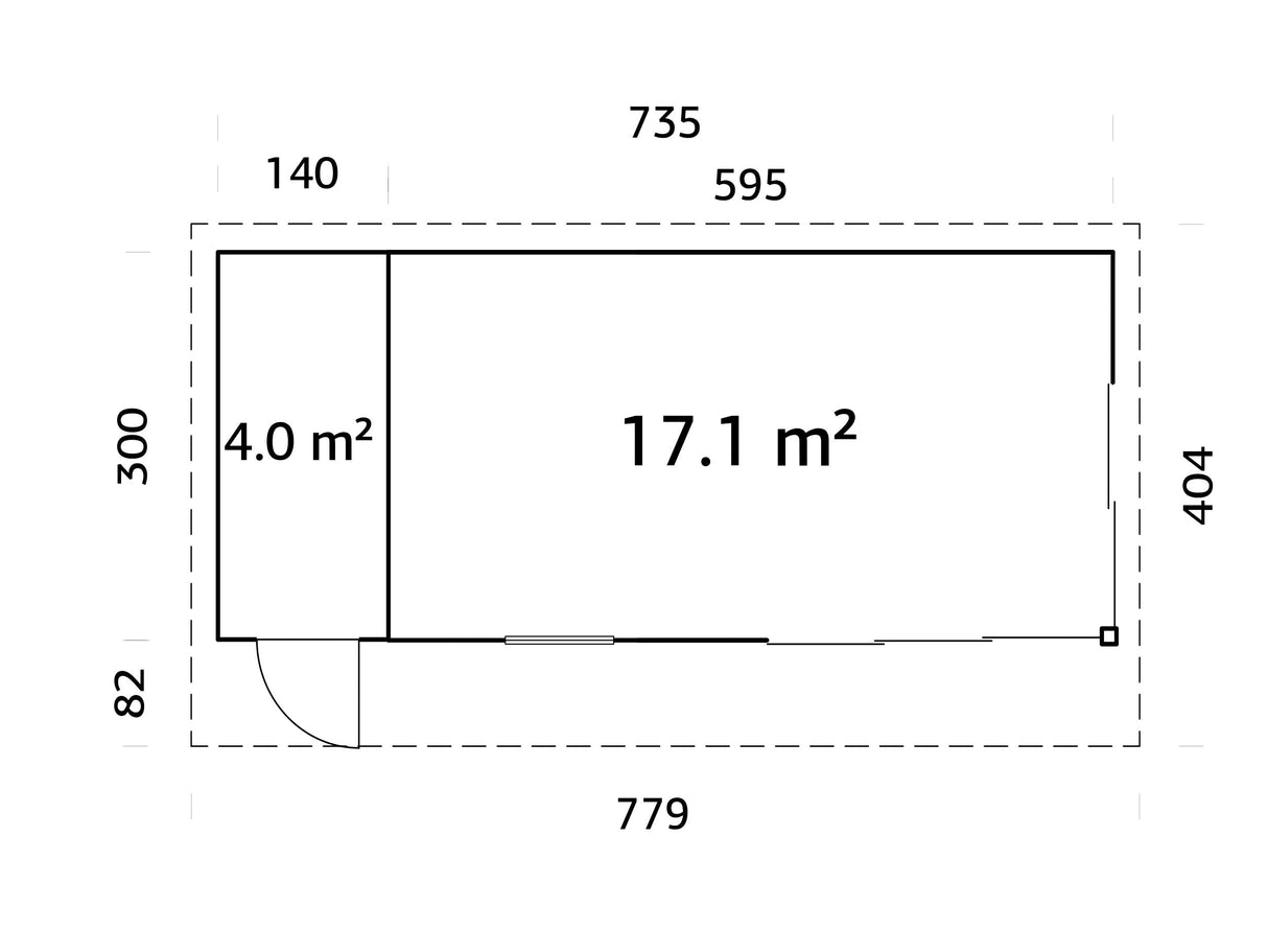 Andrea M+ (7,4x3 m | 21,1 m² | 44 mm) Moderni hirsimökki sivuvajalla