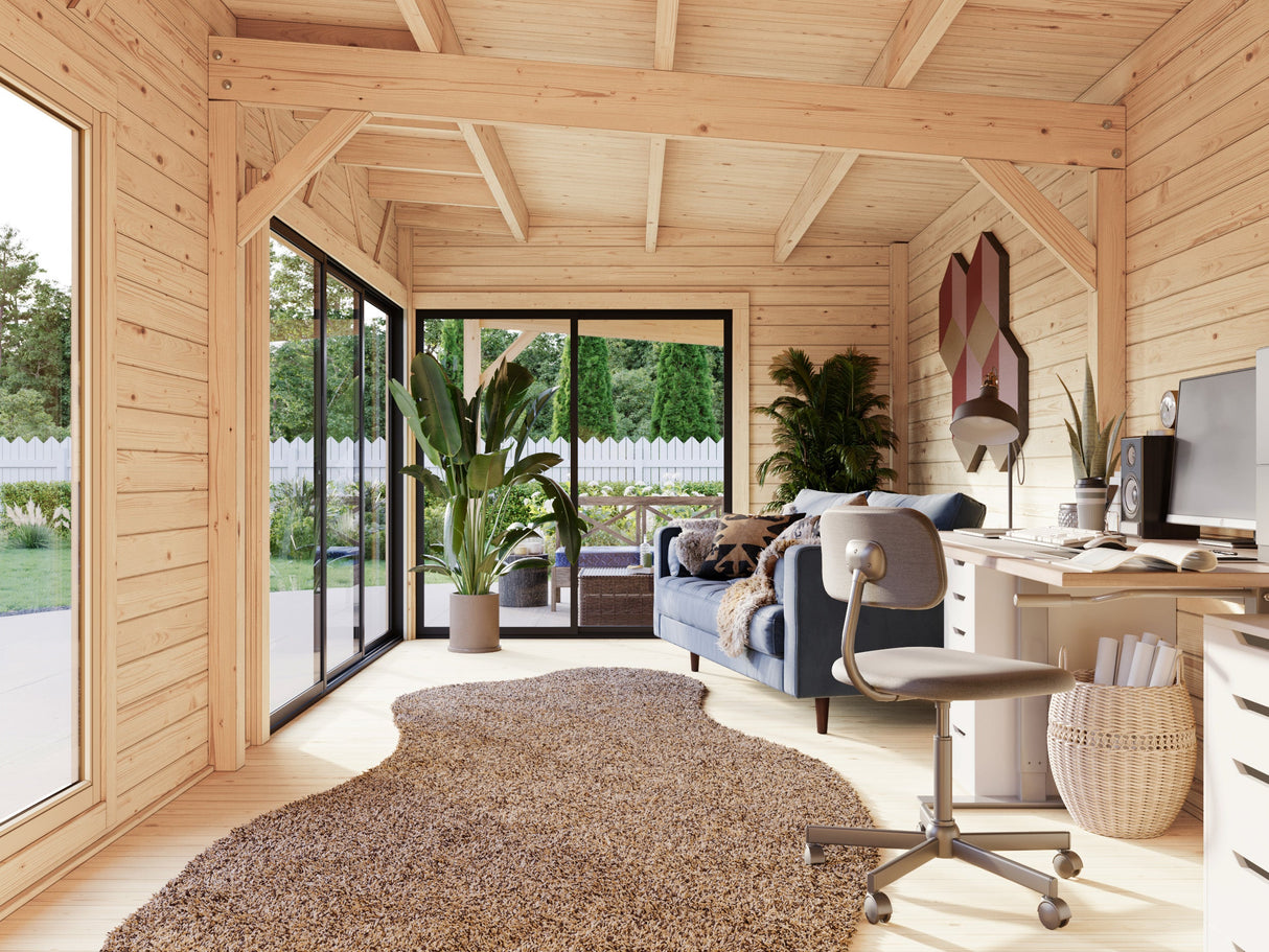 Andrea XL+ (10,4x3 m | 21,1 + 7,9 m² | 44 mm) Moderni pihamökki katoksella ja sivuvajalla