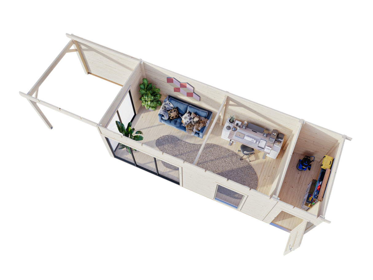 Andrea XL+ (10,4x3 m | 21,1 + 7,9 m² | 44 mm) Moderni pihamökki katoksella ja sivuvajalla