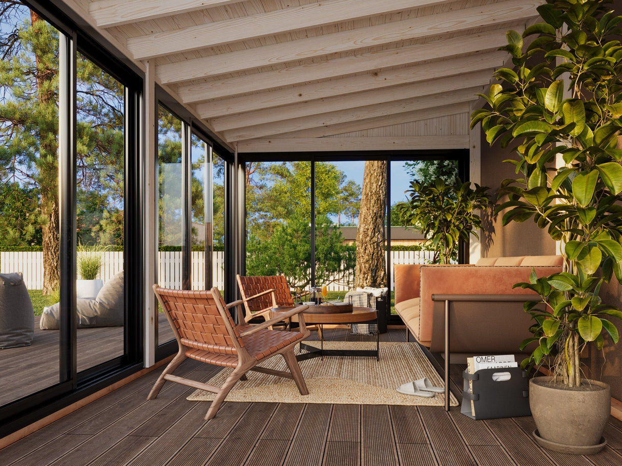 Lumi M (4,2x3 m | 11,6 m² | 120x120 mm) Kiinteä lasipaviljonki laajennuksena pihaan