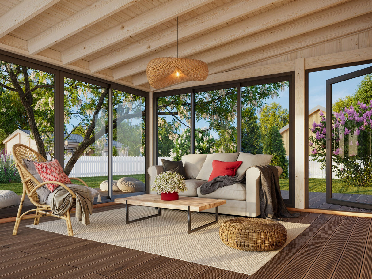 Lumi L (4,2x4,2 m | 16,6 m² | 120x120 mm) Kiinteä puu– ja lasipaviljonki pihaan