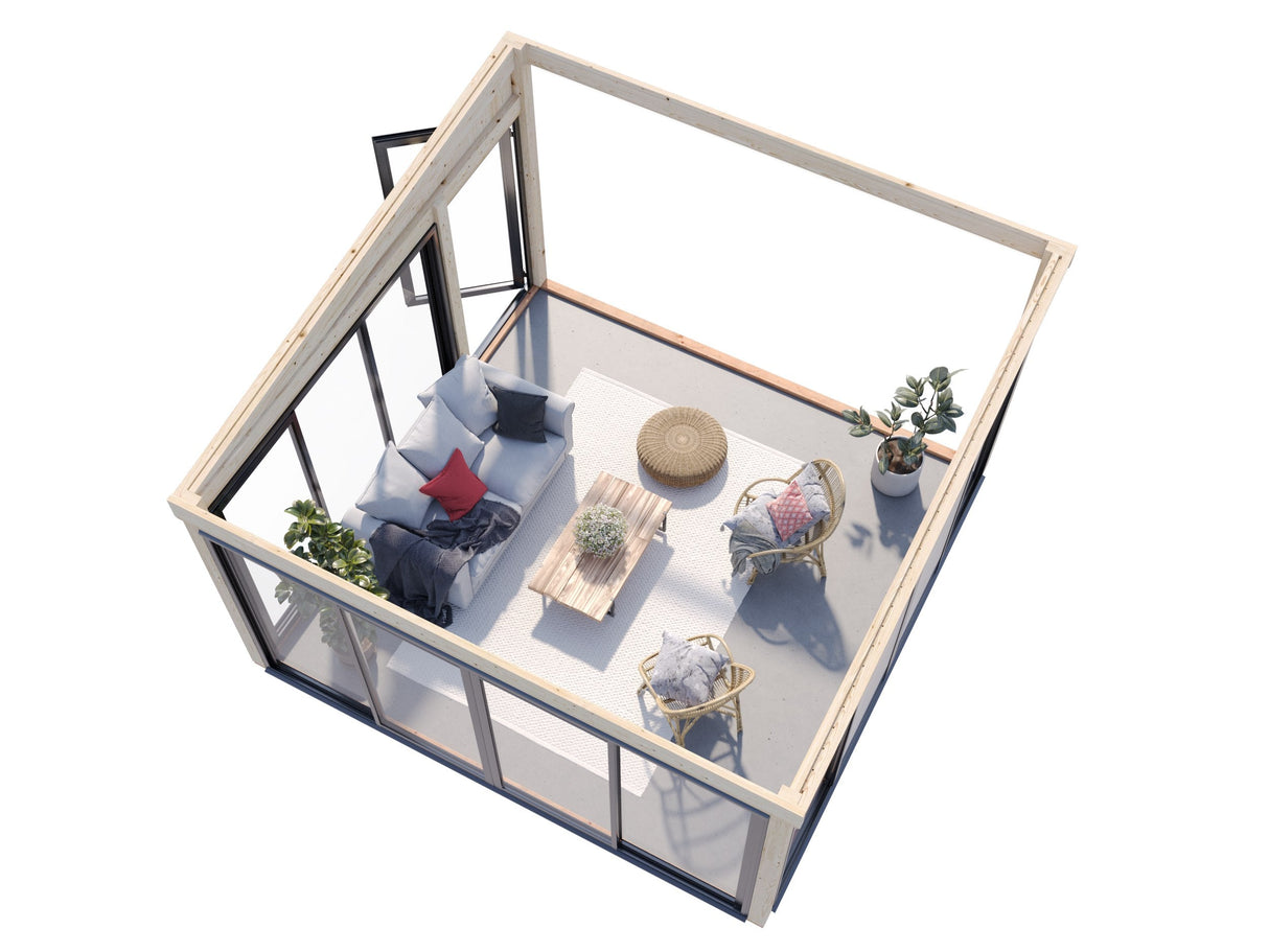 Lumi L (4,2x4,2 m | 16,6 m² | 120x120 mm) Kiinteä puu– ja lasipaviljonki pihaan