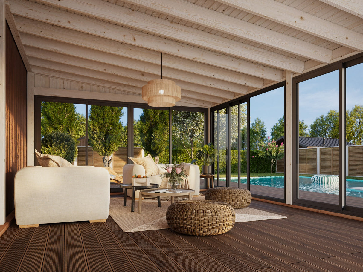 Lumi XL (5,8x4,2 m | 23,3 m² | 120x120 mm) Tilava kiinteä lasipaviljonki tai kesähuone pihaan