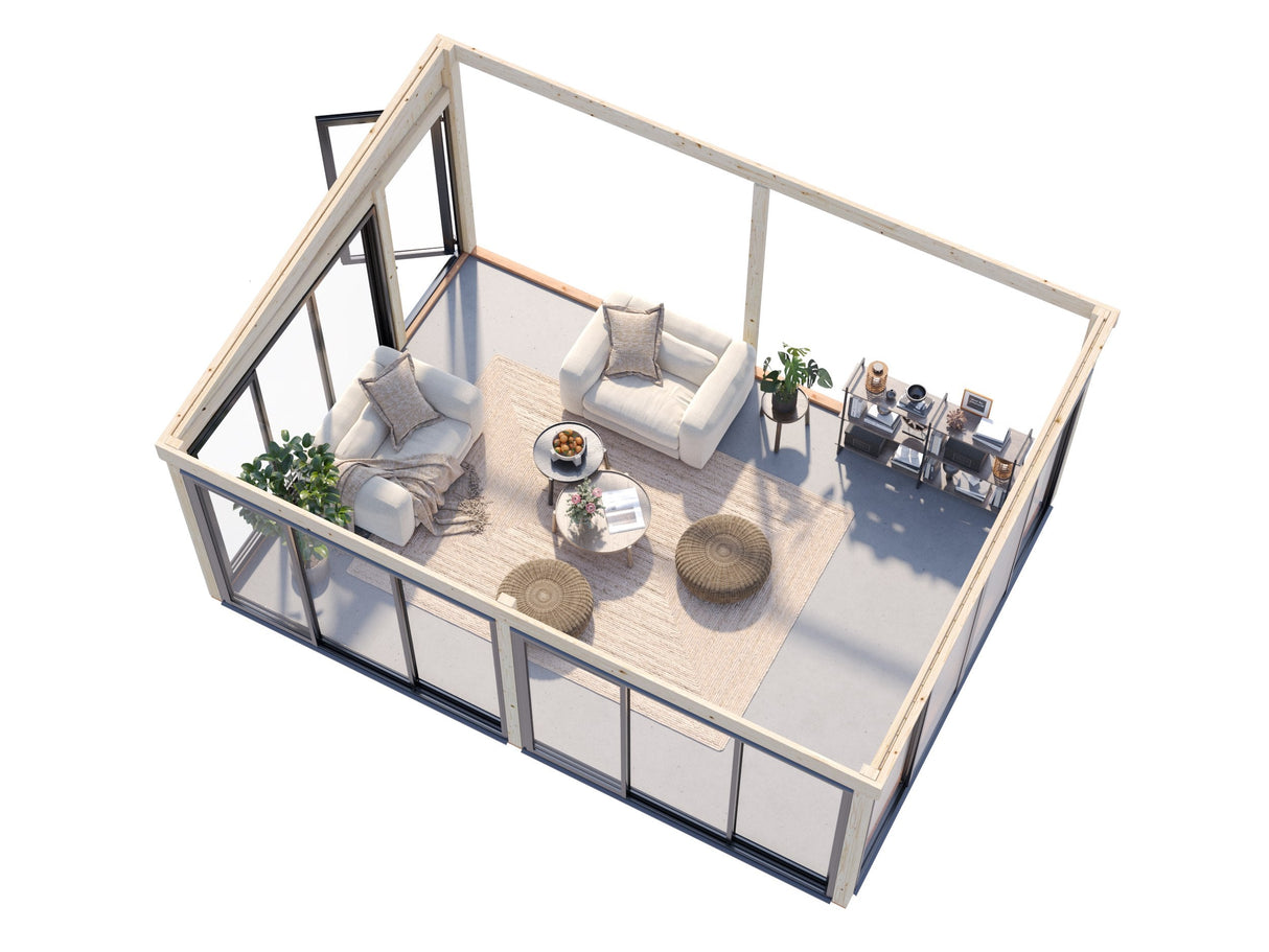 Lumi XL (5,8x4,2 m | 23,3 m² | 120x120 mm) Tilava kiinteä lasipaviljonki tai kesähuone pihaan