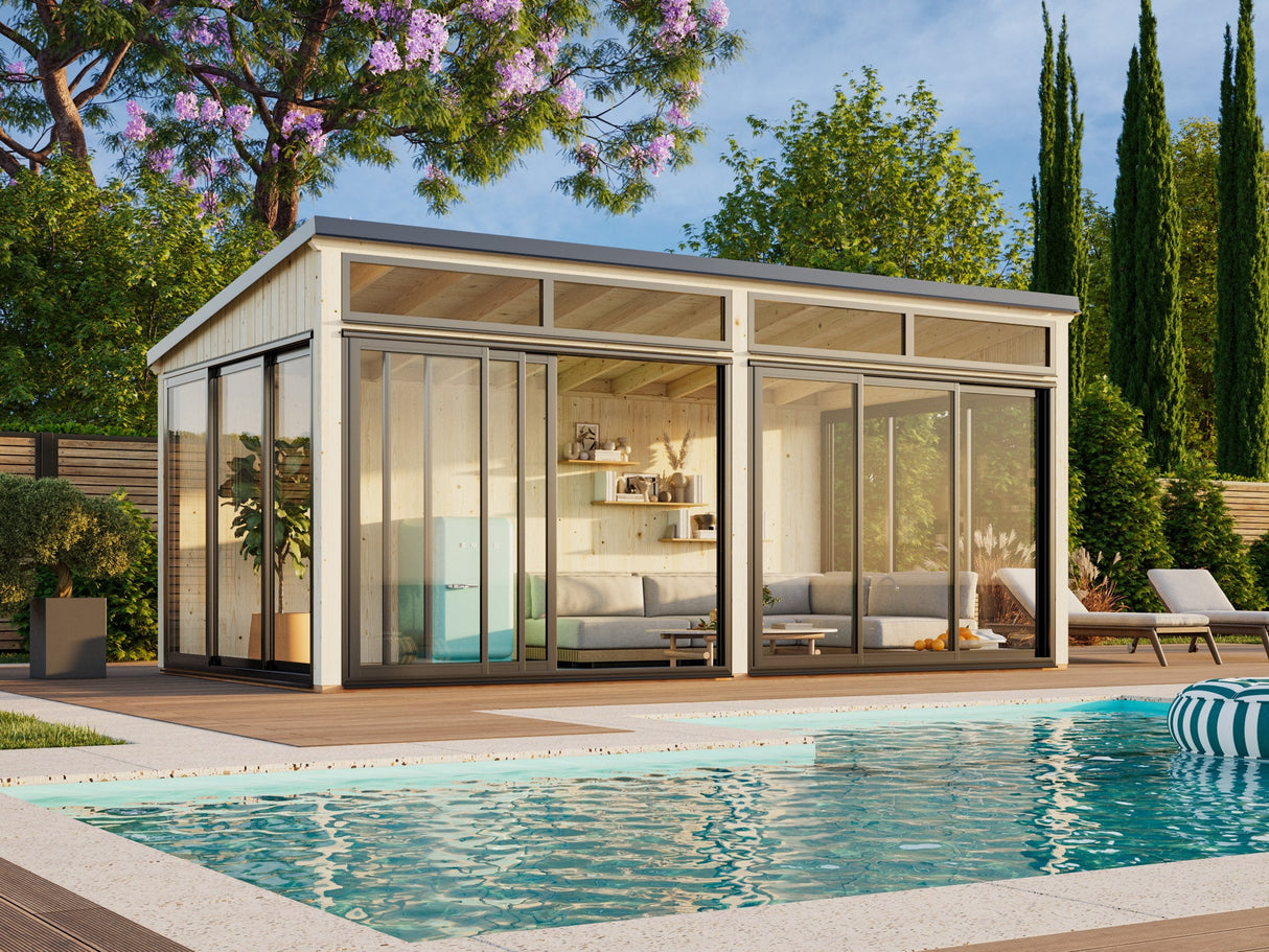 Saga M (5,8x3 m | 16,2 m² | 120x120 mm) Erillinen moderni lasipuutarha tai kesähuone pihaan