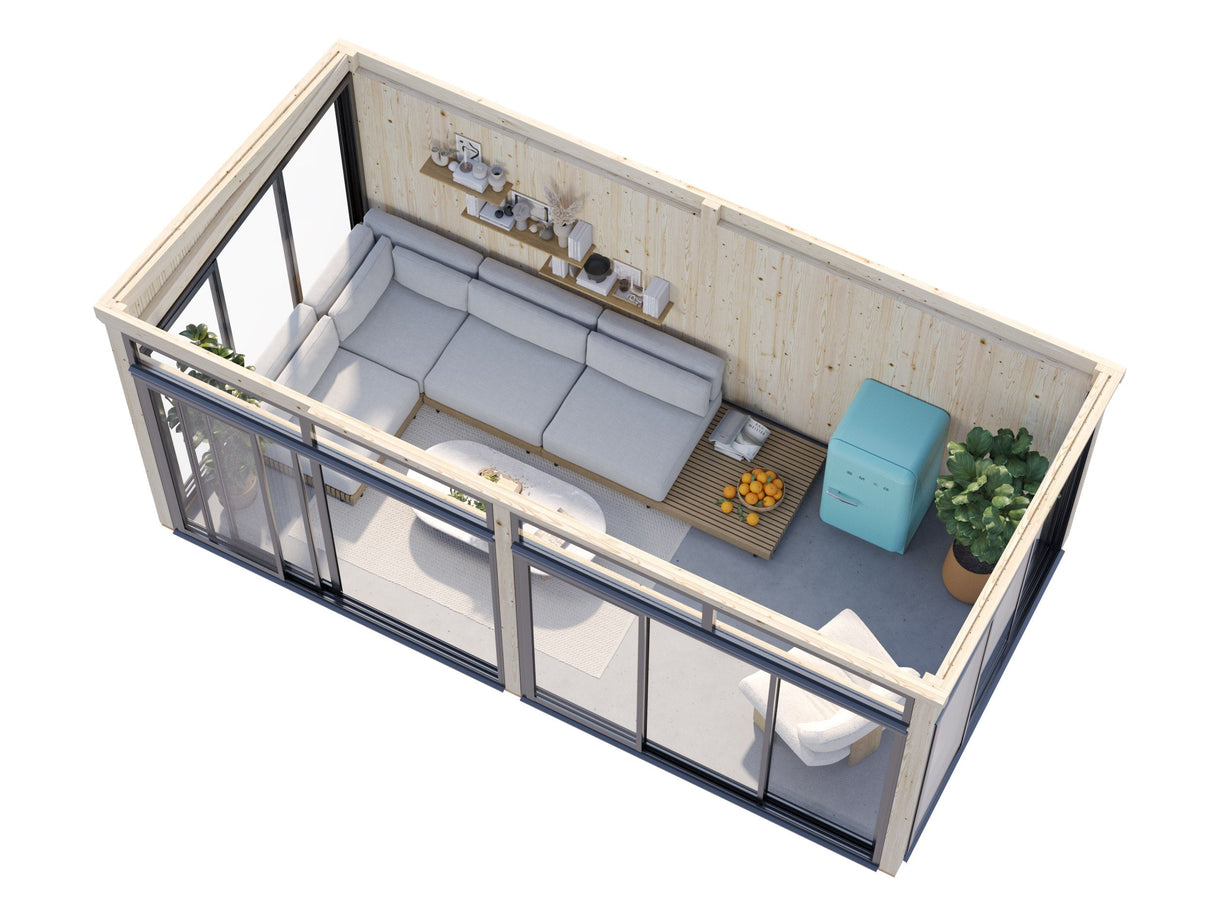 Saga M (5,8x3 m | 16,2 m² | 120x120 mm) Erillinen moderni lasipuutarha tai kesähuone pihaan