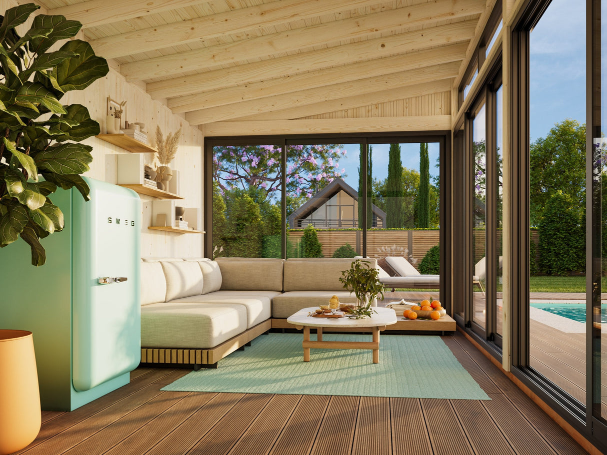 Saga M (5,8x3 m | 16,2 m² | 120x120 mm) Erillinen moderni lasipuutarha tai kesähuone pihaan