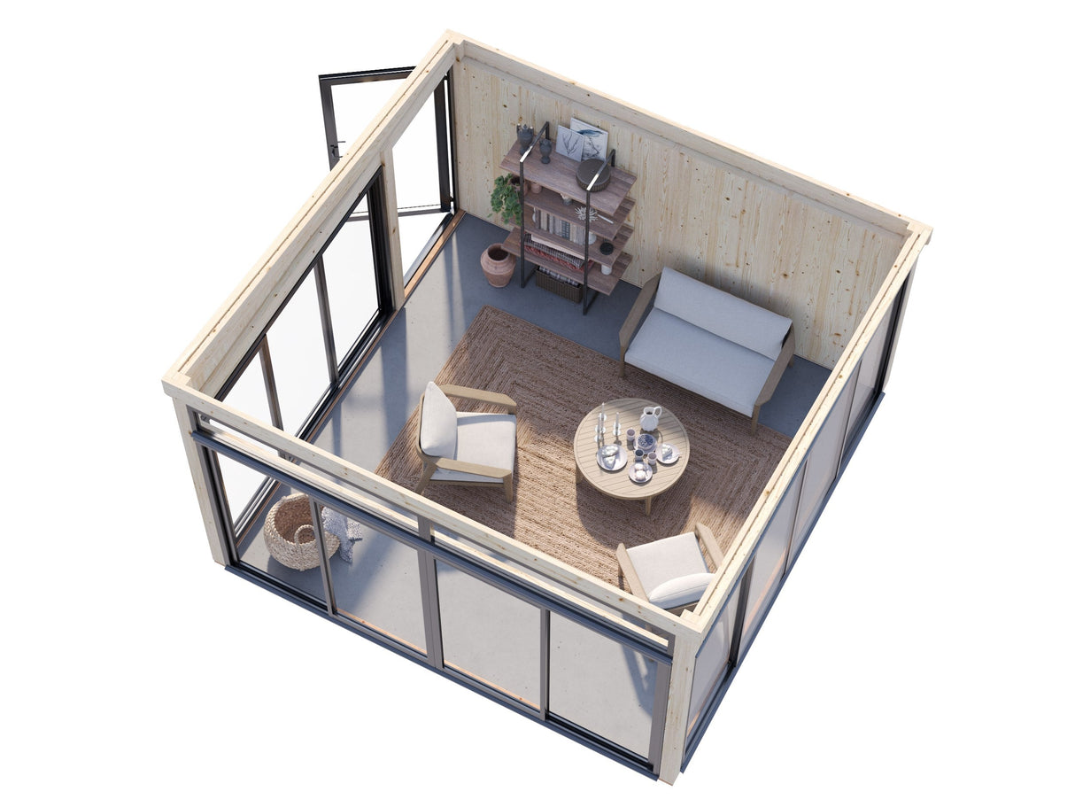 Saga L (4,2x4,2 m | 16,6 m² | 120x120 mm) Kiinteä lasipaviljonki tai kesähuone pihaan