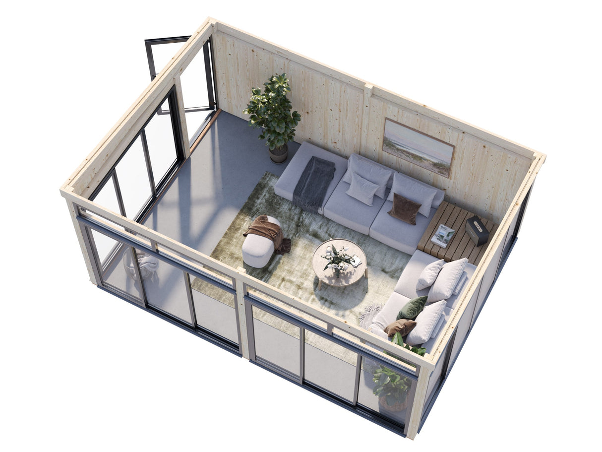 Saga XL (5,8x4,2 m | 23,3 m² | 120x120 mm) Tilava ja moderni erillinen lasipuutarha tai kesähuone pihaan