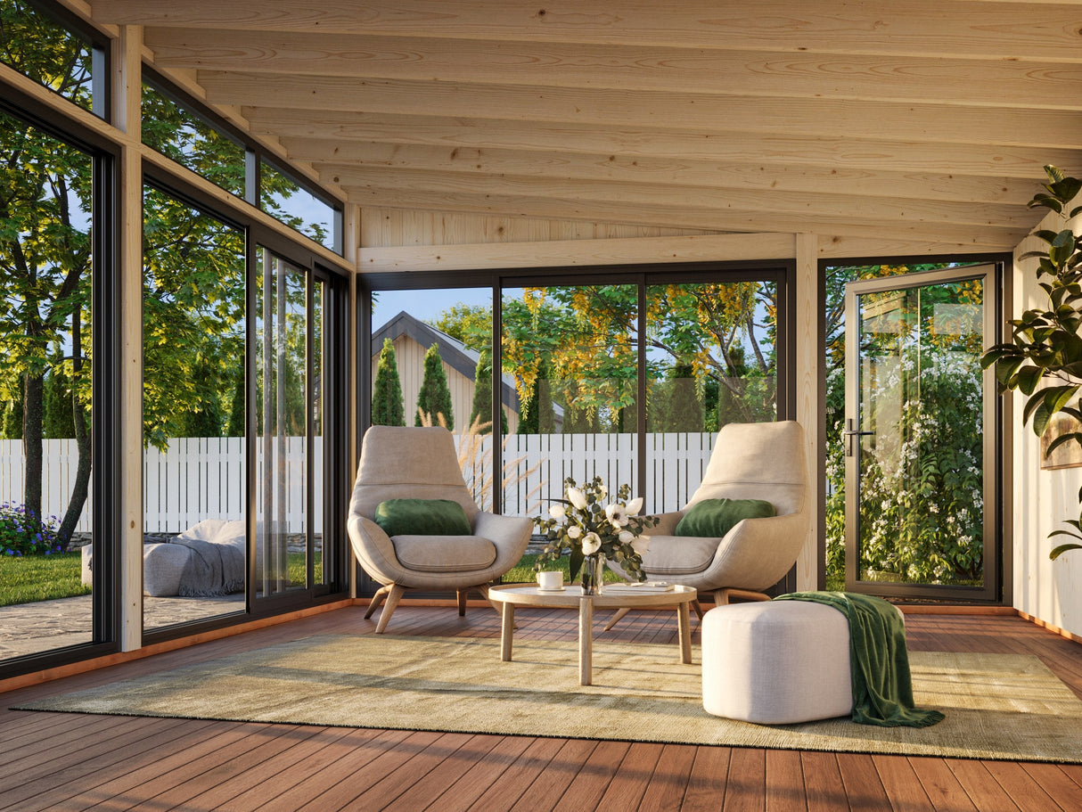 Saga XL (5,8x4,2 m | 23,3 m² | 120x120 mm) Tilava ja moderni erillinen lasipuutarha tai kesähuone pihaan