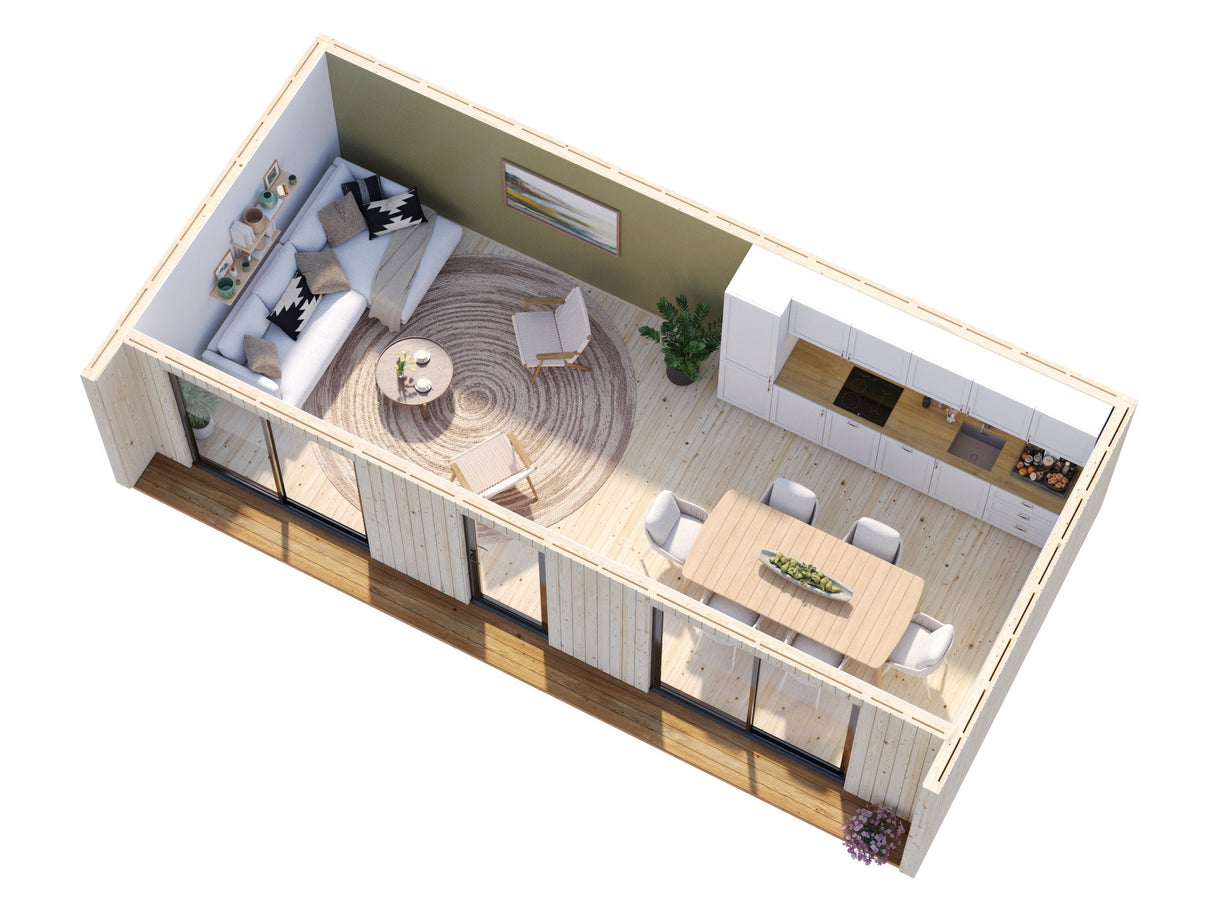 Rebekka XL (9,x4,5 m | 31,8 m² | 18 mm) Suuri eristysvalmis pohjoismainen tiny house