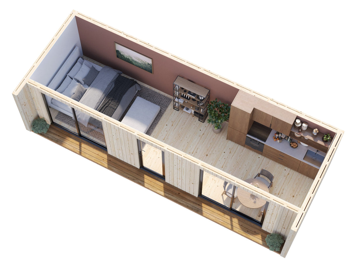 Johanna L (9,x3,4 m | 22,4 m² | 18 mm) Tasakattoinen pohjoismainen tiny house – eristysvalmis