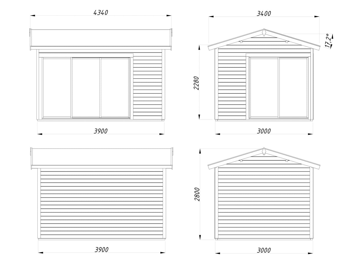 Amanda S (3,9x3m | 11,2m2 | 44mm)  pihamökki liukuovilla (saatavana kaksilasitus)