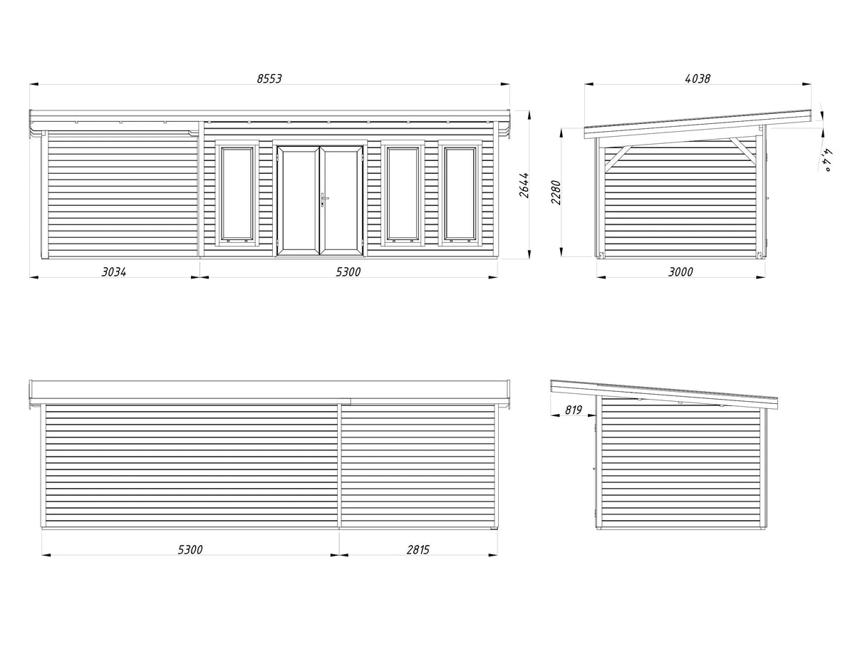 Aurelia L+ (8,3x3 m | 15,2 + 7,9 m² | 44 mm) Tilava moderni pihahuone katoksella