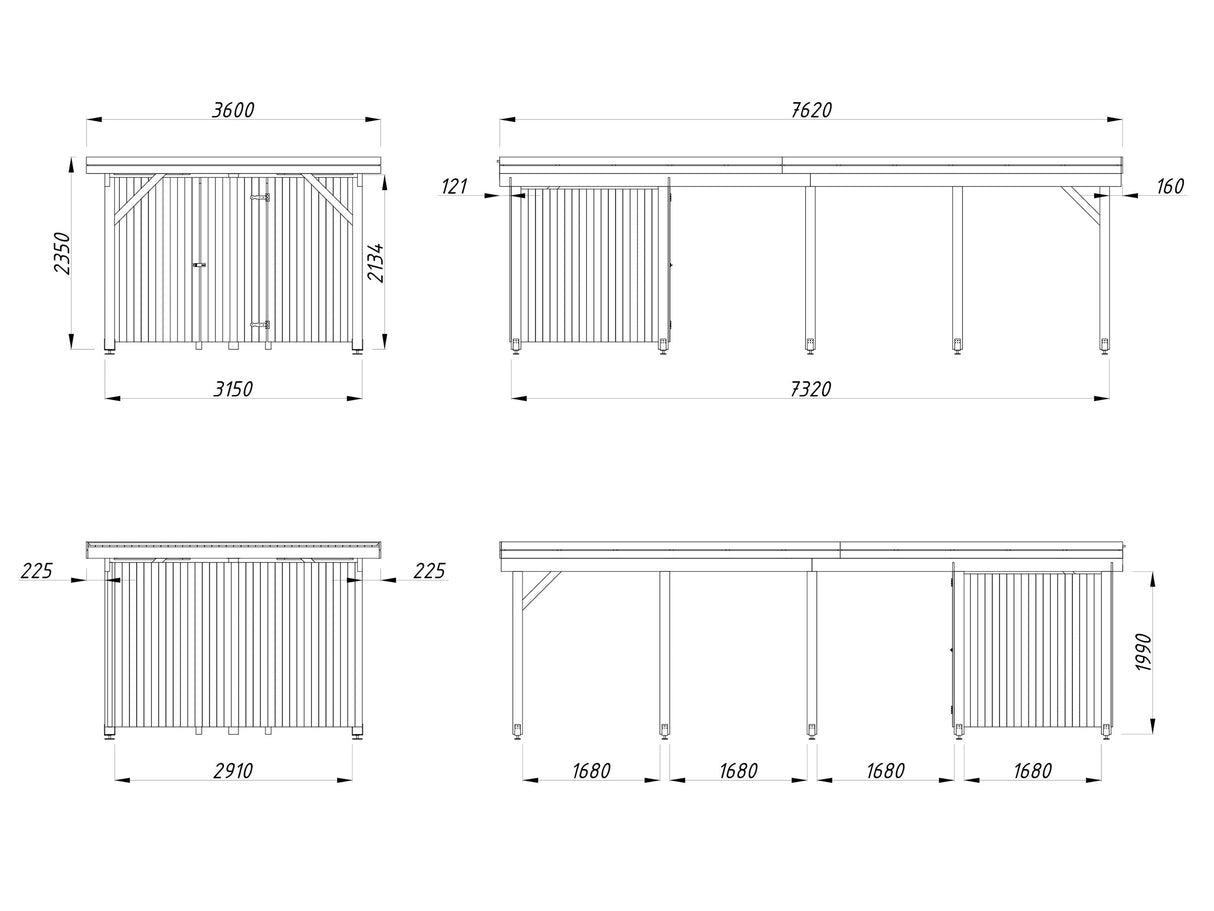 Karl L+ (3,2x7,3m | 23,1m² | 120x120mm) Pulpettikattoinen autokatos varastolla