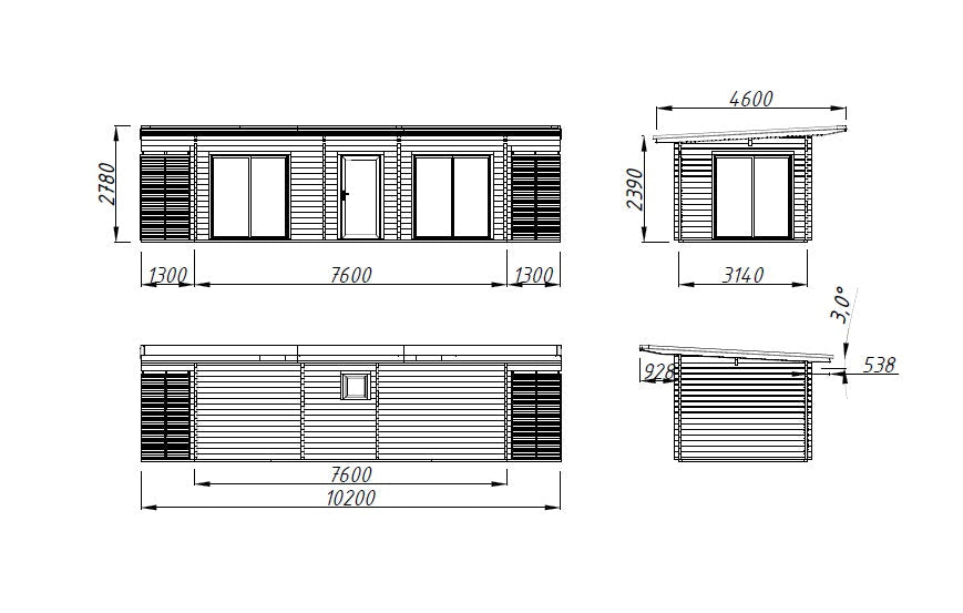 Cecilia M (7,8x3,3m | 21,8m² | 70mm) Kolmehuoneinen moderni kesämökki alumiiniovilla ja -ikkunoilla