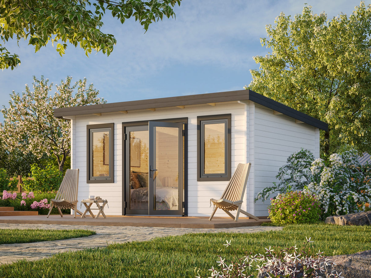 Lisandra M (4,7x3,5 m | 14,2 m² | 44 mm) Vierasmaja alumiiniovilla ja -ikkunoilla