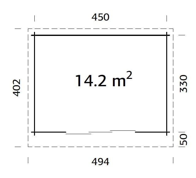 Lea M (4,5x3,3m | 14,2m² | 44mm) Tilava pulpettikattoinen piharakennus liukuovilla (saatavana tupla-lasillisena)