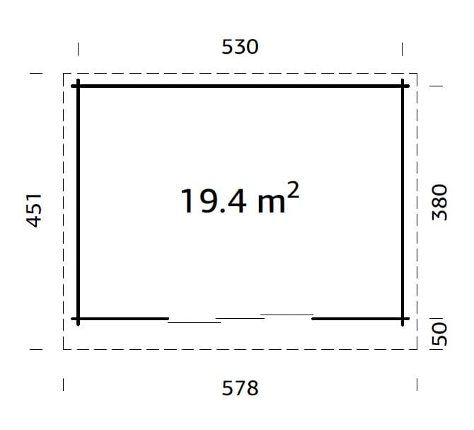 Lea L (5,3x3,8m | 19,4m² | 44mm) Pulpettikattoinen piharakennus liukuovilla (saatavana tupla-lasillisena)