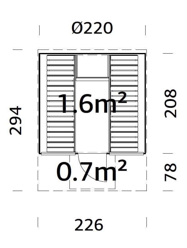 Anita L (2,2x2,9m | 1,6+0,7m² | 42mm) Puinen tynnyrisauna lasiseinällä