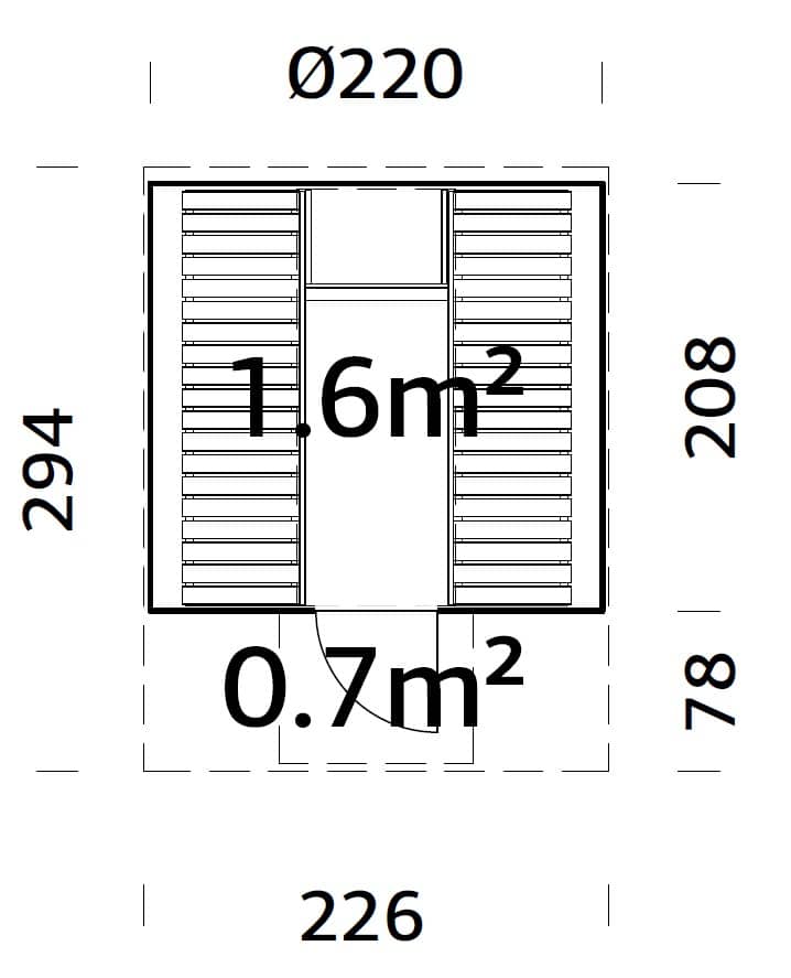 Anita L (2,2x2,9m | 1,6+0,7m² | 42mm) puinen tynnyrisauna