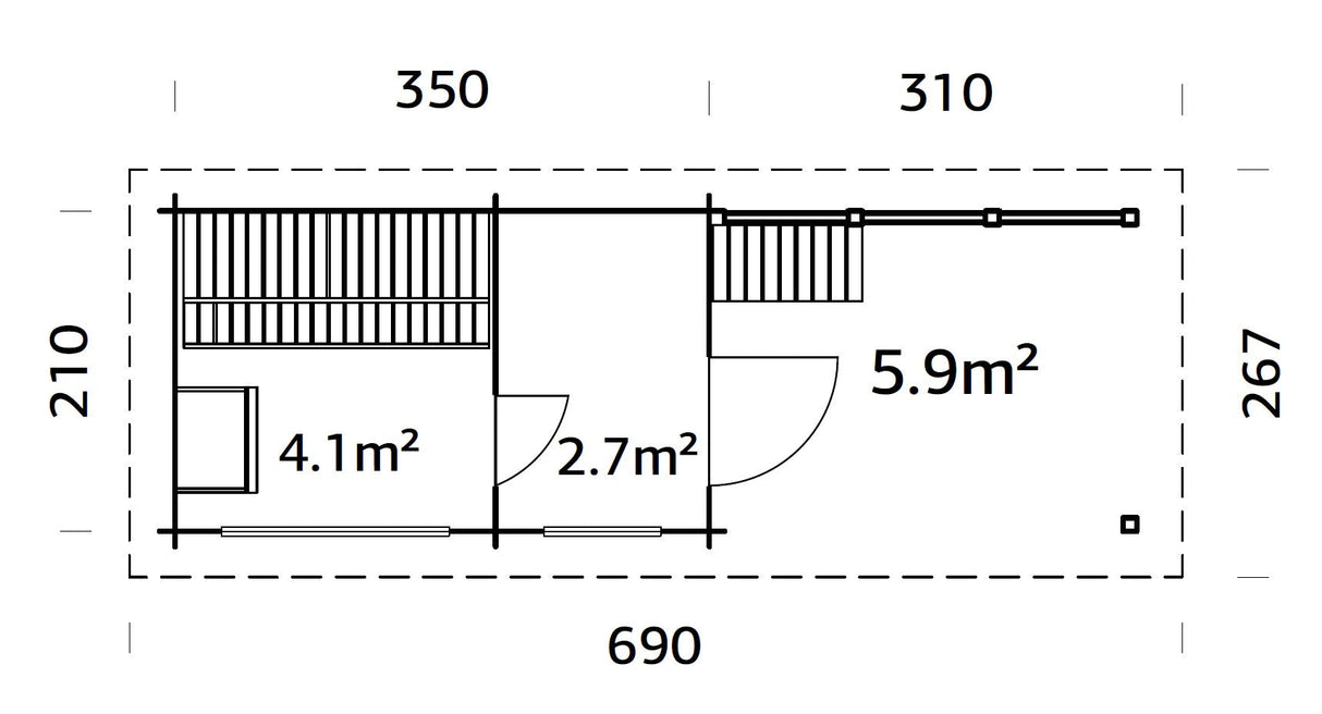 Sanna M+ (6,5x2,5m | 6,8+5,9m² | 44mm) Moderni pihasauna pukuhuoneella ja katoksella