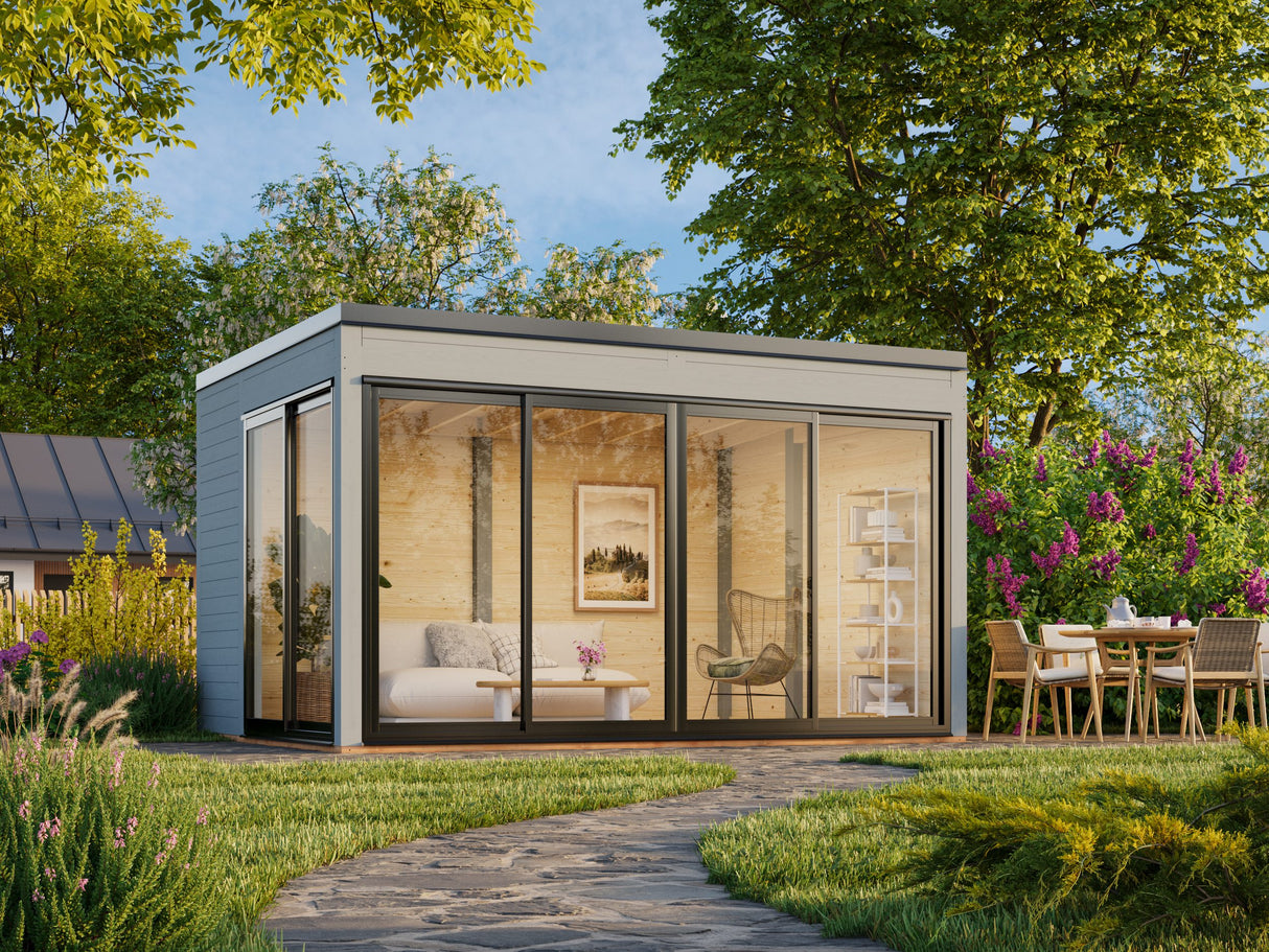 Serena 1 (4,2x3,2 m | 12,6 m² | 44 mm) Moderni kulmamallinen lasipaviljonki pihaan – alumiiniovet ja -ikkunat (yksilasinen tai kaksilasinen)