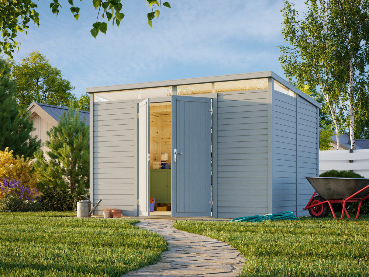 Elias M (3,3x2,3 m | 7,3 m² | 16 mm) Puinen pihavarasto yläikkunoilla