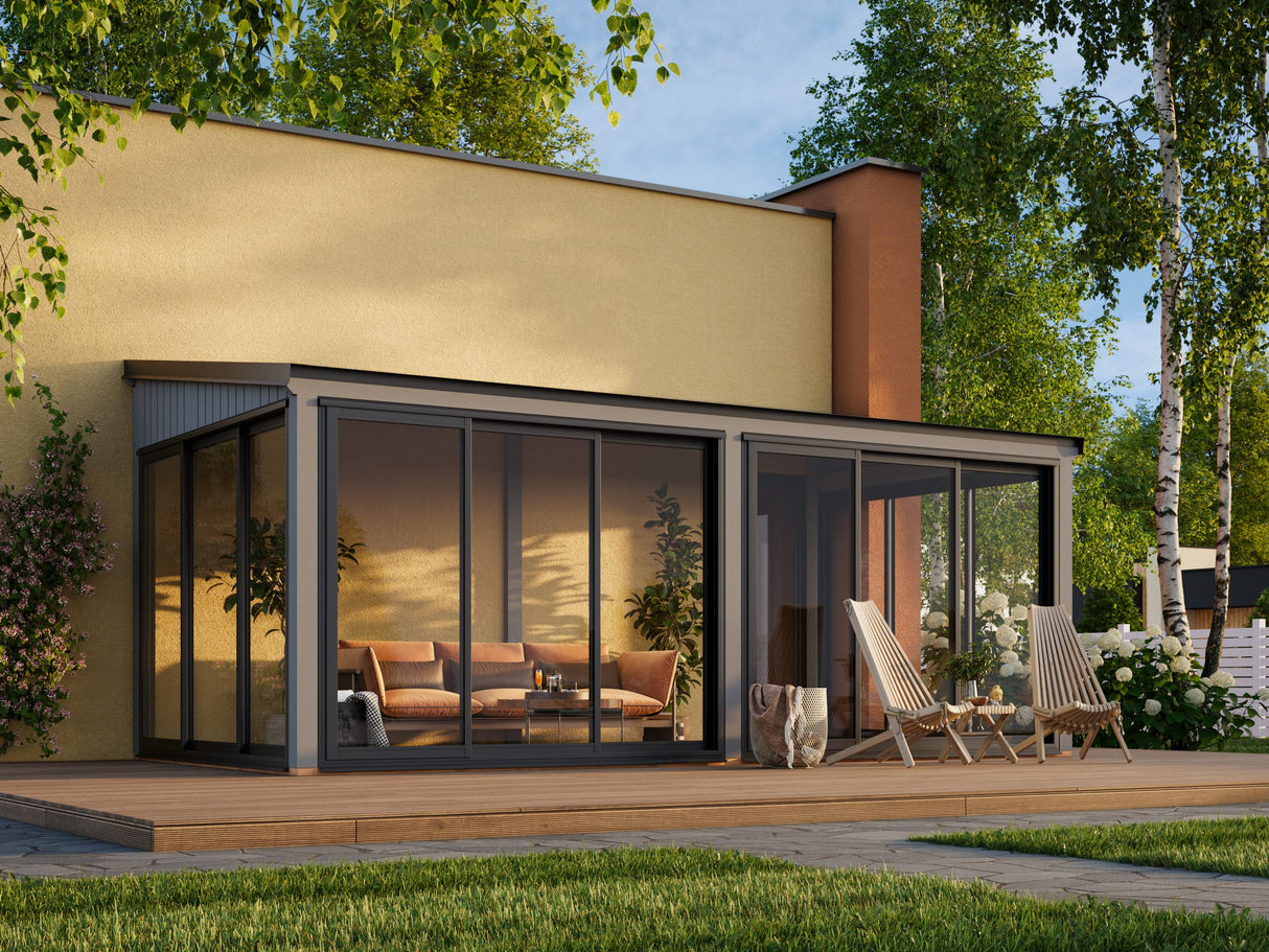 Lumi M (5,8x3 m | 16,2 m² | 120x120 mm) Moderni kiinteä lasipaviljonki pihaan
