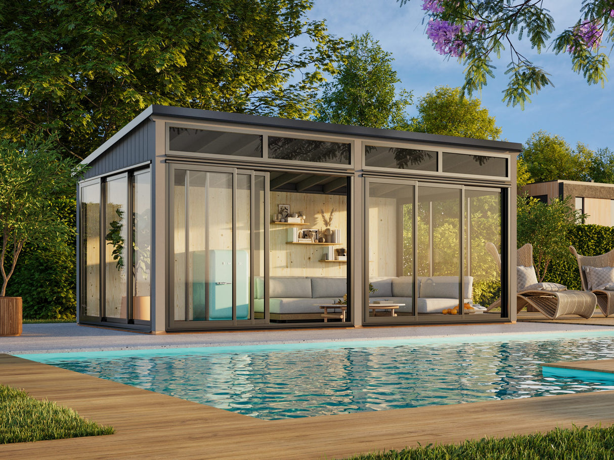 Saga M (5,8x3 m | 16,2 m² | 120x120 mm) Erillinen moderni lasipuutarha tai kesähuone pihaan