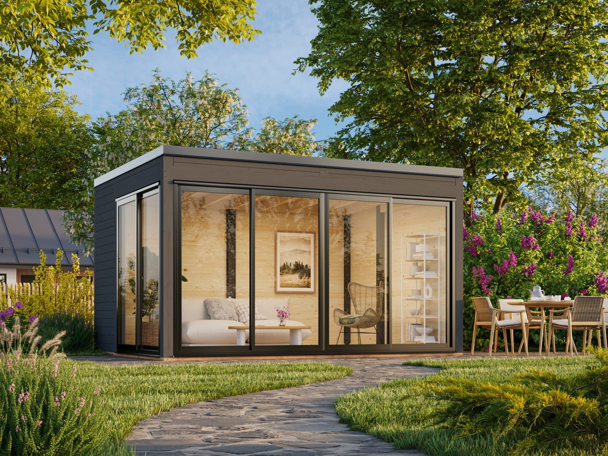 Serena 1 (4,2x3,2 m | 12,6 m² | 44 mm) Moderni kulmamallinen lasipaviljonki pihaan – alumiiniovet ja -ikkunat (yksilasinen tai kaksilasinen)