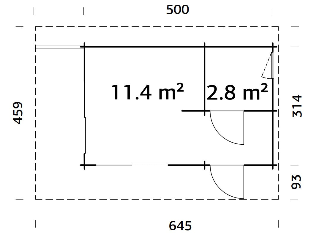 Cecilia S (5,2x3,3m | 14,2m² | 70mm) Kaksihuoneinen moderni kesämökki alumiiniovilla ja -ikkunoilla