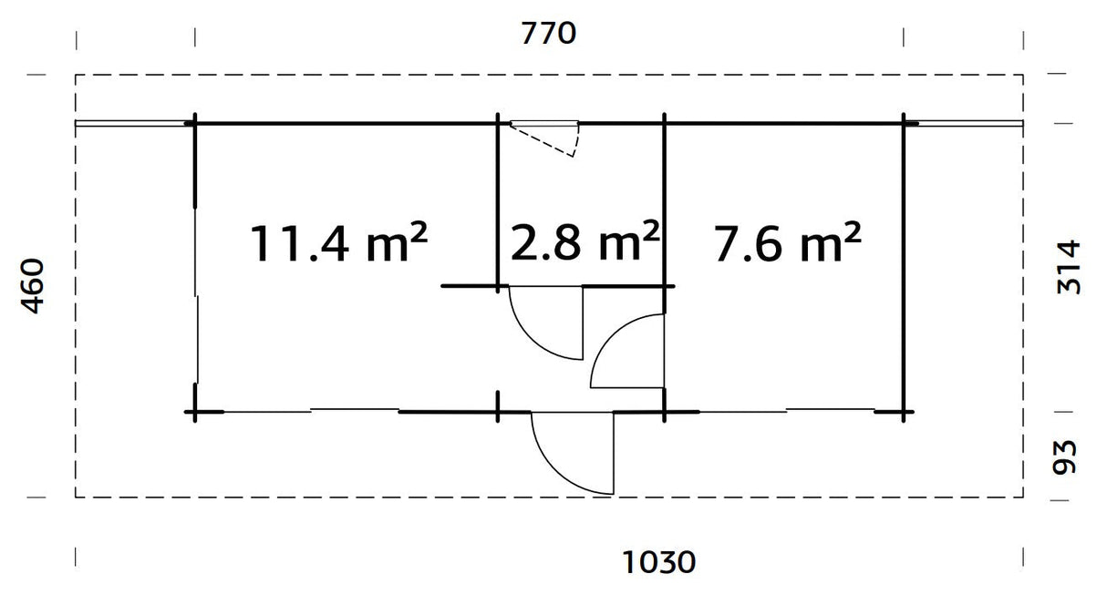 Cecilia M (7,8x3,3m | 21,8m² | 70mm) Kolmehuoneinen moderni kesämökki alumiiniovilla ja -ikkunoilla