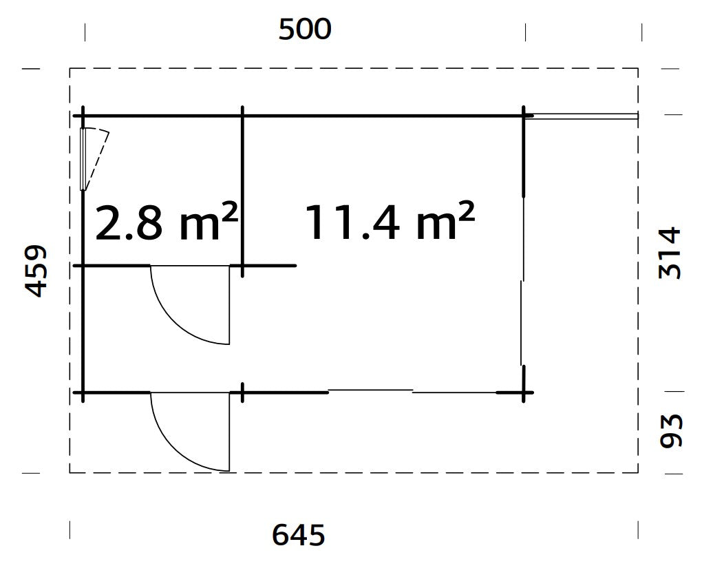 Cecilia S (5,2x3,3m | 14,2m² | 70mm) Kaksihuoneinen moderni kesämökki alumiiniovilla ja -ikkunoilla