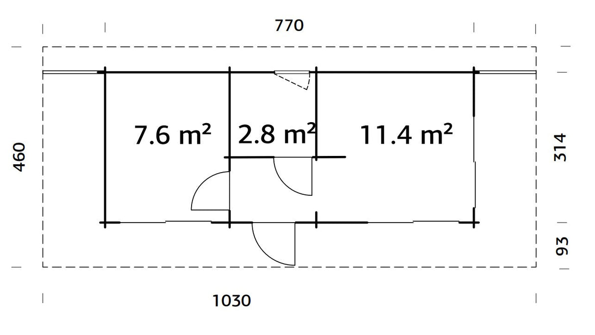 Cecilia M (7,8x3,3m | 21,8m² | 70mm) Kolmehuoneinen moderni kesämökki alumiiniovilla ja -ikkunoilla