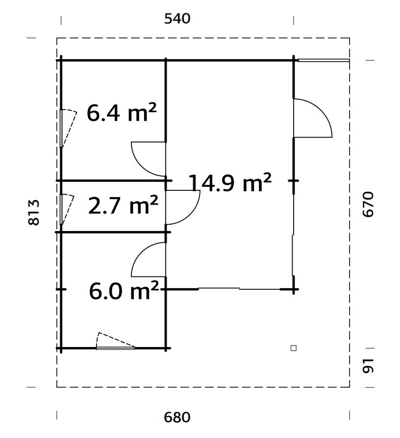 Cecilia XL (5,6x6,9m | 30m² | 70mm) Neljähuoneinen moderni kesämökki alumiiniovilla ja -ikkunoilla