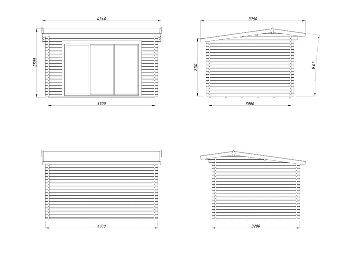Ines M (3,9x3m | 11,1m² | 44mm) Moderni puutarhatoimisto liukuovilla (saatavana kaksinkertaiset lasit)