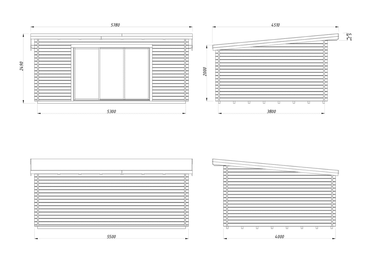 Lea L (5,3x3,8m | 19,4m² | 44mm) Pulpettikattoinen piharakennus liukuovilla (saatavana tupla-lasillisena)