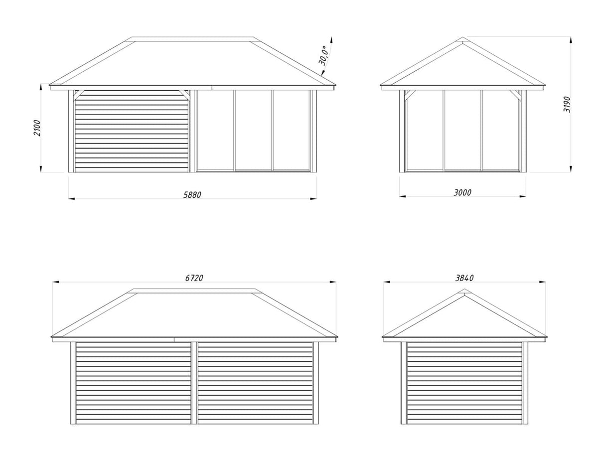 Bianca 205/505 (6x3m | 16,6m²) lasinen piharakennus terassilla (saatavana tuplalasilla)