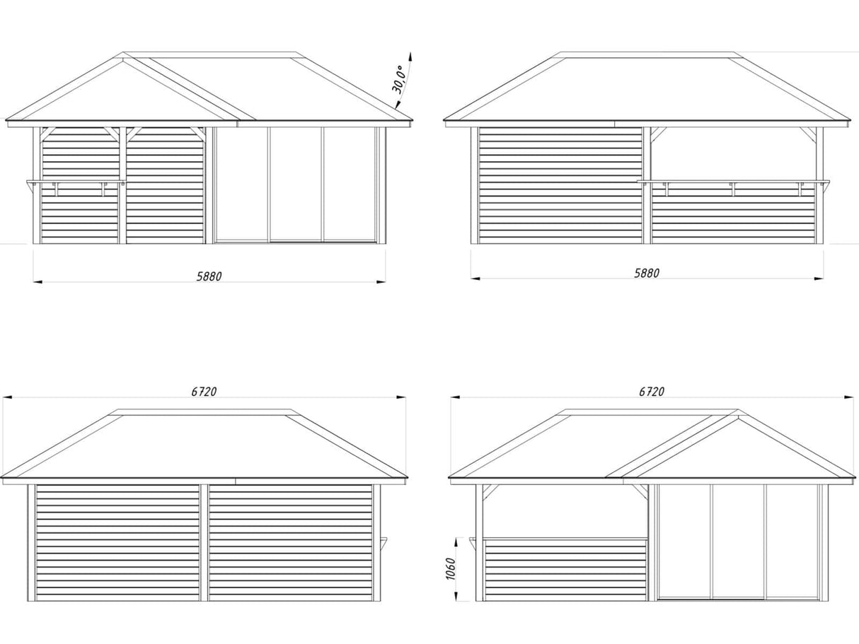 Bianca 210/510 (6x6m | 24,9m²) kulmapiharakennus isolla huvimajalla (saatavana tuplalasilla)