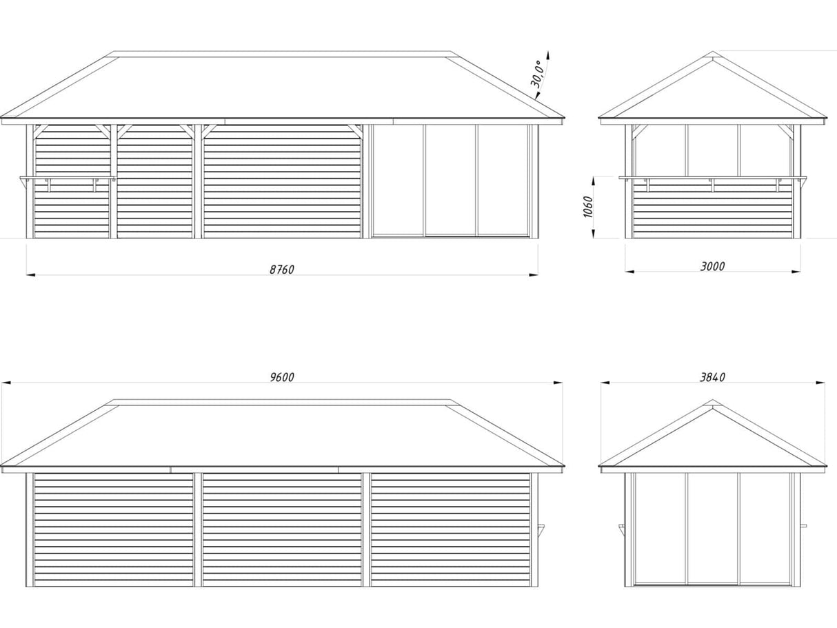 Bianca 216/516 (9x3m | 24,9m²) piharakennus liukuovilla (saatavana tuplalasilla)