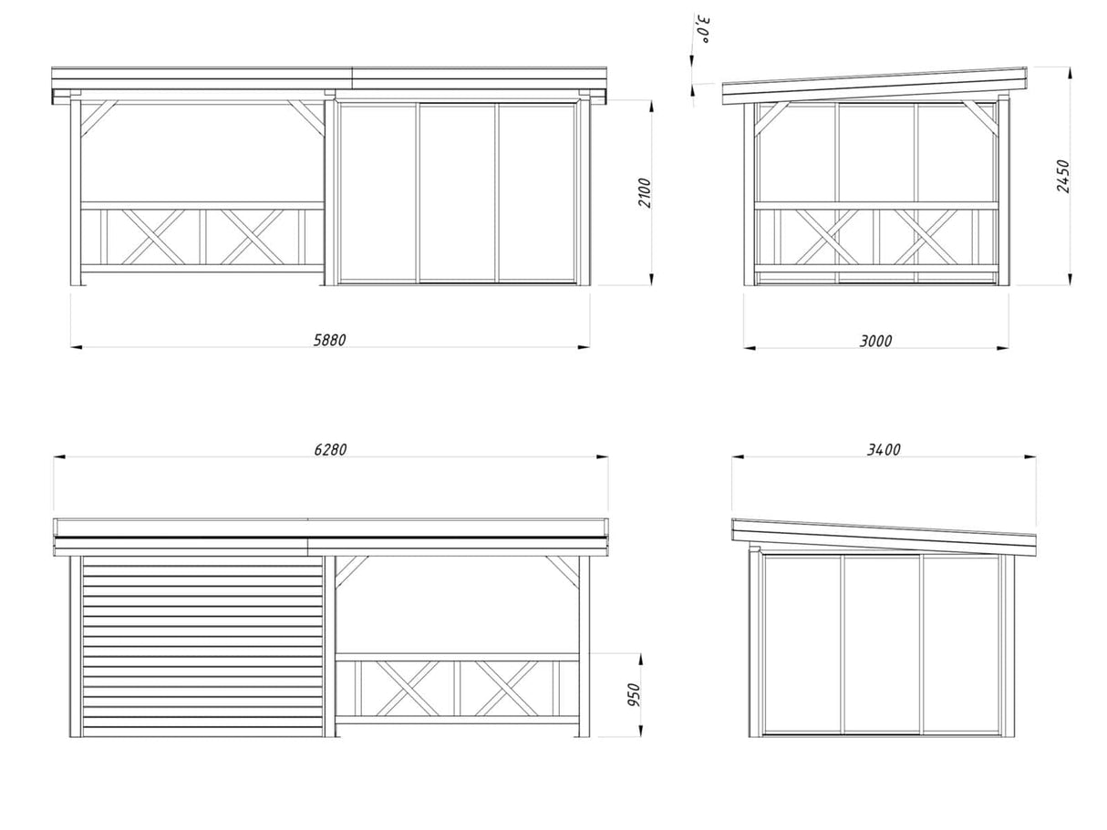 Lenna 404/704 (6x3m | 16,6m²) Lasinen piharakennus liukuovilla (Saatavana tuplalasilla)