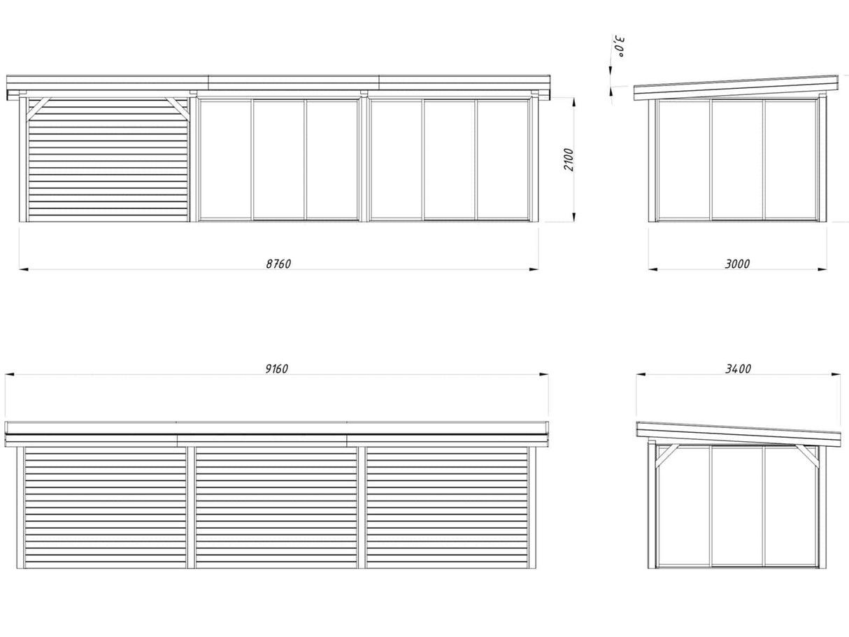 Lenna 417/717 (9x3m | 24,9m²) Lasinen piharakennus liukuovilla (Saatavana tuplalasilla)