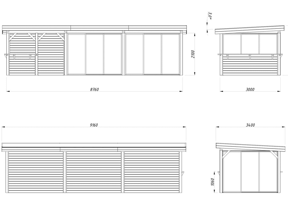 Lenna 419/719 (9x3m | 24,9m²) Lasinen piharakennus liukuovilla (Saatavana tuplalasilla)