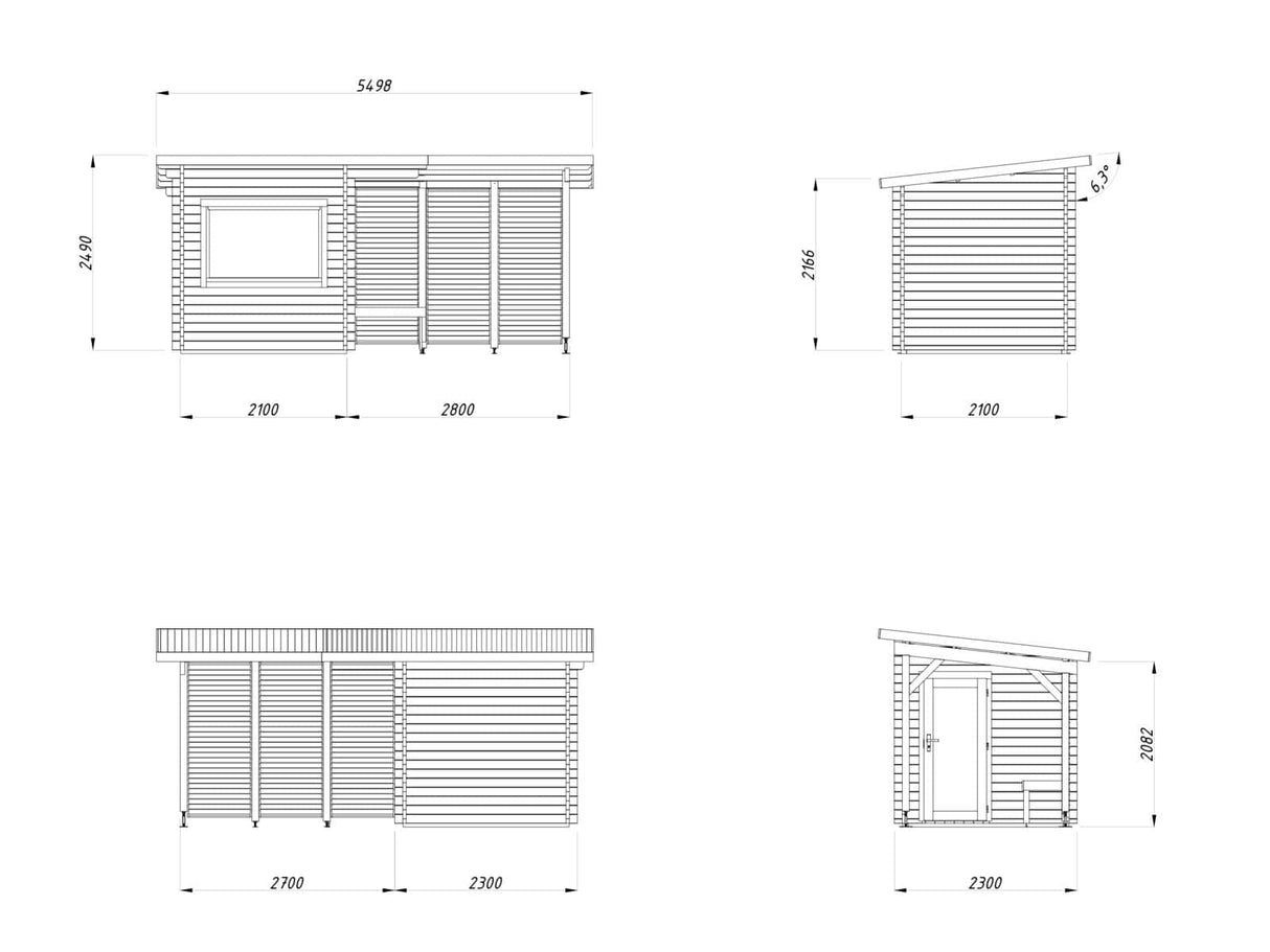Sanna S+ (5,1x2,3m | 4,1+5,9m² | 44mm) Moderni pihasauna katoksella